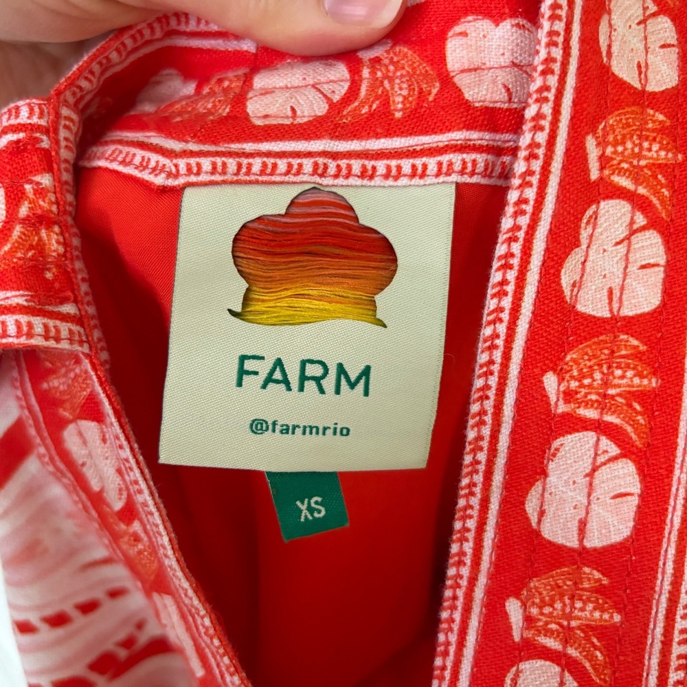 Farm Rio Vermillion Monstera Print 100% Linen Mini Dress Button Front Sz XS - Picture 10 of 13